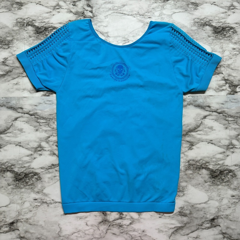 Harley Davidson Women's Top Size S Blue Short Sleeve Stretch Chest 15"Length 22"